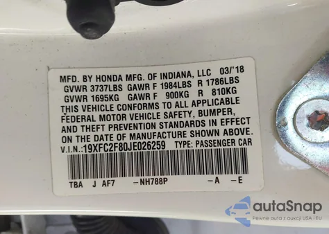 2018 Honda Civic Ex из США, поврежденный, VIN 19XFC2F80JE026259